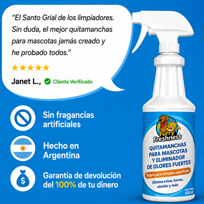 Eliminador de manchas y olores fuertes para mascotas con aroma a frescura peluda